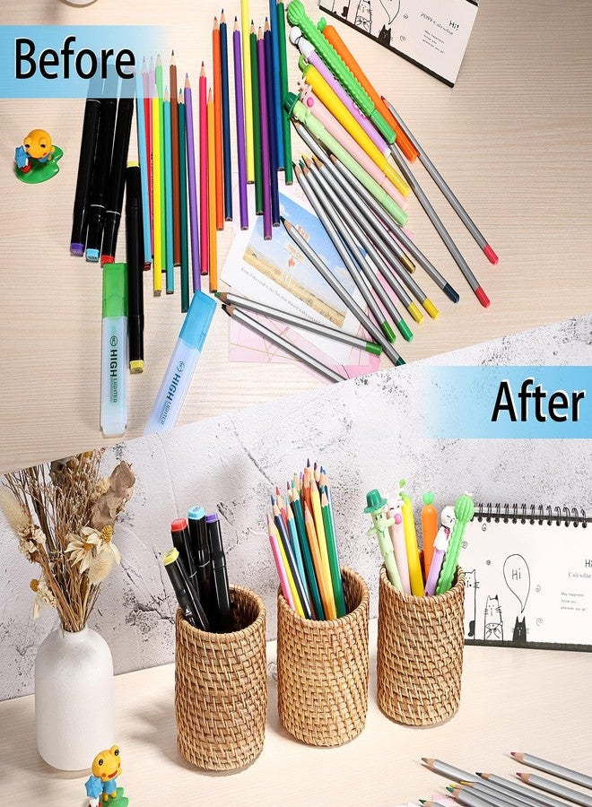 BTSKY 3 Pack Rattan Pen Cup, Handmade Desk Pencil Holders Makeup Brush Holder Multi-Functional Woven Basket Office&Home Desktop Organizer (Cylinder) - Image 5